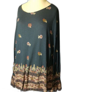 LUCKY BRAND Los Angeles Blue Mulit-Color Long Sleeve Boho Print Top Large.